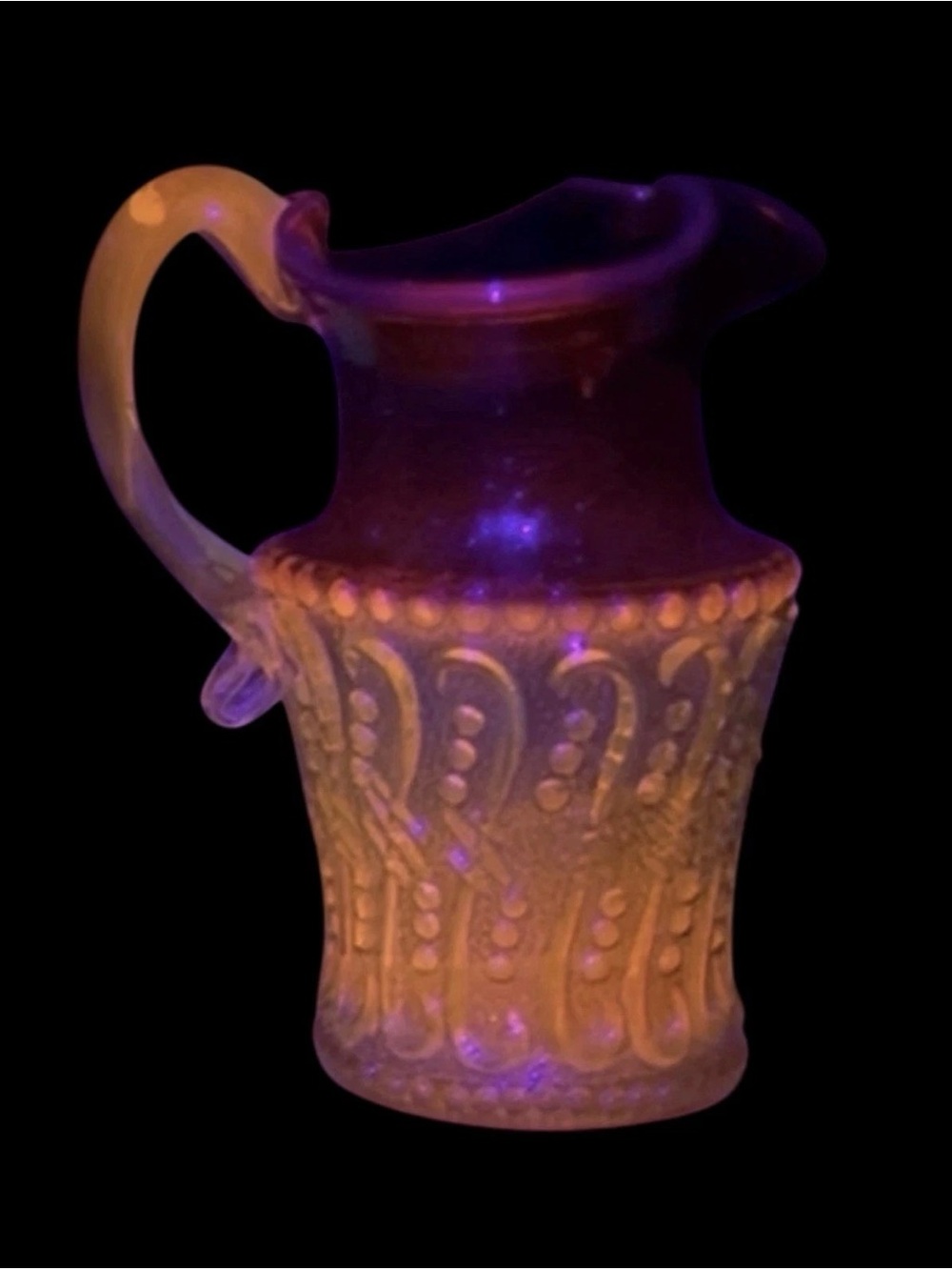 Blown Glass Orange & Yellow 3.75” Mini Glass Pitcher Vase Glows under a UV Light